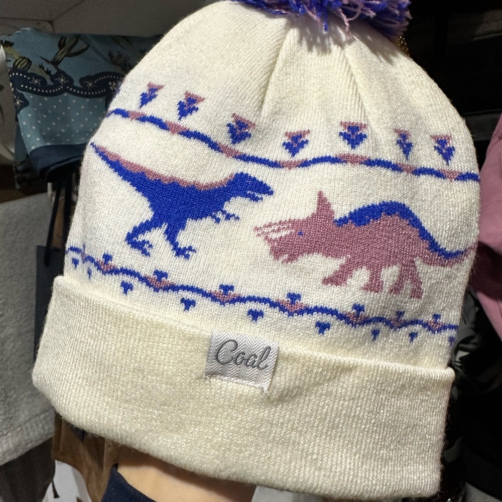 Coal Dinosaur Beanie Cream with Purple and Pink Dinos